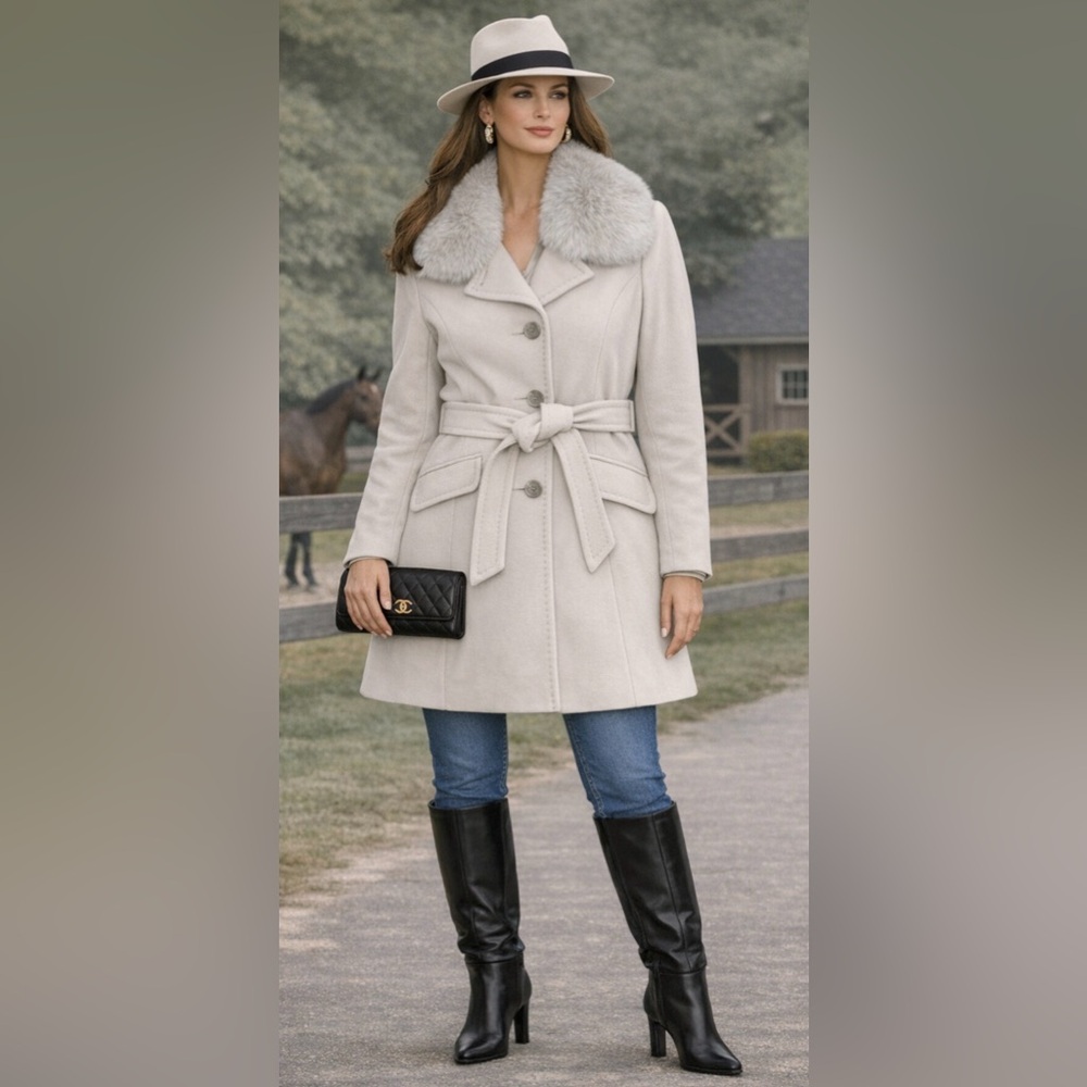Real Fox Fur Collar Cashmere Wool Gray Coat 10 Sachi Collection Belt Button NWOT